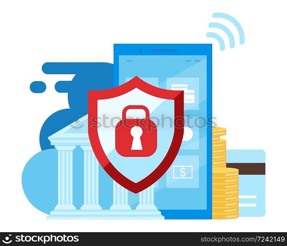 Mobile banking security flat illustration. High protection financial transactions cartoon concept. Ewallet, ebanking app. Smartphone safety and data security isolated metaphor on white background