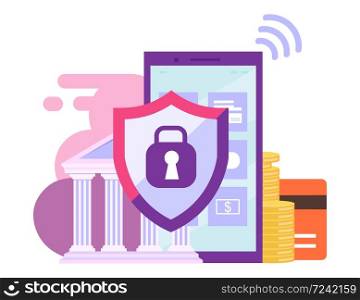 Mobile banking security flat illustration. High protection financial transactions cartoon concept. Ewallet, ebanking app. Smartphone safety and data security isolated metaphor on white background