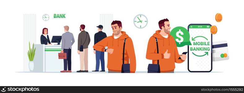 Mobile banking semi flat RGB color vector illustration. Man use mobile app for ecommerce. People wait in queue to reception. Bank customer isolated cartoon character on white background. Mobile banking semi flat RGB color vector illustration