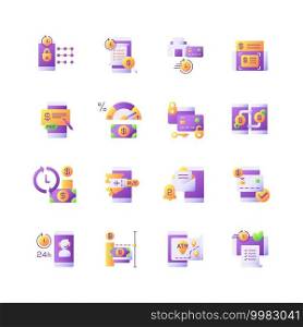 Mobile banking service vector flat color icon set. E wallet personal account management. Transfer funds. Cartoon style clip art for mobile app pack. Isolated RGB illustration bundle. Mobile banking service vector flat color icon set