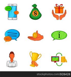 Mobile banking support icon set. Cartoon set of 9 mobile banking support vector icons for web design isolated on white background. Mobile banking support icon set, cartoon style
