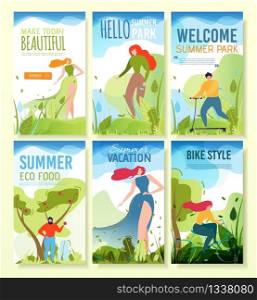 Mobile Banners with Summer Greeting, Invitation. Outdoor Recreation, Active Time. Poster Set with People Eating Eco Food, Scooting, Cycling, Enjoying Vacation and Rest in Park. Vector Illustration. Summer Greetings, Invitations Mobile Banners Set