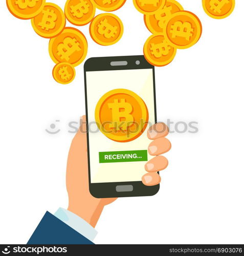 Mobile Bitcoin Receiving Concept Vector. Modern Finance Economic. Wireless Bitcoin Finance Receiving Concept. Hand Holding Smartphone. Digital Currency In Smartphone Application. Isolated Illustration. Mobile Bitcoin Receiving Concept Vector. Modern Finance Economic. Wireless Bitcoin Finance Receiving Concept. Hand Holding Smartphone. Digital Currency In Smartphone Application. Isolated