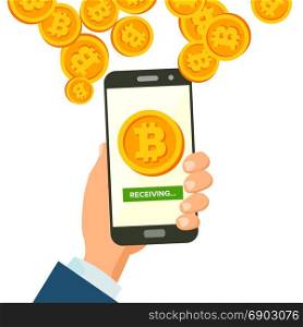 Mobile Bitcoin Receiving Concept Vector. Modern Finance Economic. Wireless Bitcoin Finance Receiving Concept. Hand Holding Smartphone. Digital Currency In Smartphone Application. Isolated Illustration. Mobile Bitcoin Receiving Concept Vector. Modern Finance Economic. Wireless Bitcoin Finance Receiving Concept. Hand Holding Smartphone. Digital Currency In Smartphone Application. Isolated