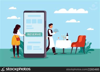 Mobile booking, reservation of table in restaurant. Woman chooses cafe online, waiter sets table, huge smartphone and tiny people, online menu, food application. Vector cartoon flat isolated concept. Mobile booking, reservation of table in restaurant. Woman chooses cafe online, waiter sets table, huge smartphone and tiny people, online menu, food application. Vector concept