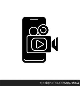 Mobile broadcast black glyph icon. Idea generation. Using mobile phone for streaming video. Photography workshop. Modern journalism. Silhouette symbol on white space. Vector isolated illustration. Mobile broadcast black glyph icon