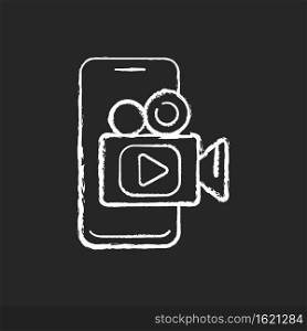 Mobile broadcast chalk white icon on black background. Idea generation. Using mobile phone for streaming video. Photography workshop. Modern journalism. Isolated vector chalkboard illustration. Mobile broadcast chalk white icon on black background