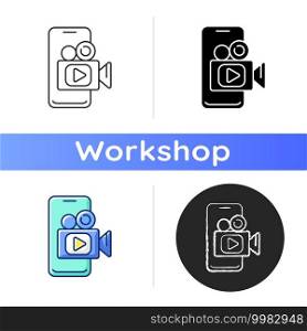 Mobile broadcast icon. Idea generation. Using mobile phone for streaming video. Photography workshop. Modern journalism. Linear black and RGB color styles. Isolated vector illustrations. Mobile broadcast icon