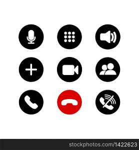 Mobile call buttons icons set flat. Phone, sound, microphone, camera, call symbols on isolated white background for applications, web, app. Set of communication icons. EPS 10 vector. Mobile call buttons icons set flat. Phone, sound, microphone, camera, call symbols on isolated white background for applications, web, app. Set of communication icons. EPS 10 vector.