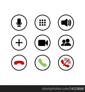 Mobile call buttons icons set flat. Phone, sound, microphone, camera, call symbols on isolated white background for applications, web, app. Set of communication icons. EPS 10 vector.. Mobile call buttons icons set flat. Phone, sound, microphone, camera, call symbols on isolated white background for applications, web, app. Set of communication icons. EPS 10 vector