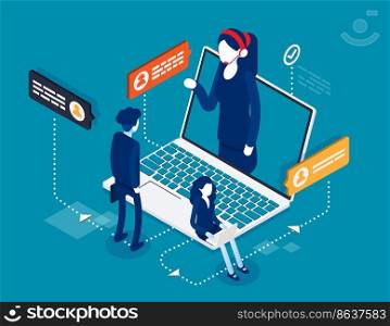 Mobile call center with consultant. Isometric online customer technical support concept