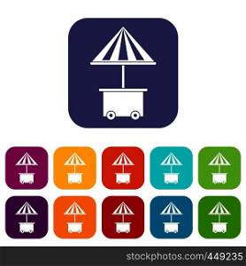 Mobile cart with umbrella for sale food icons set vector illustration in flat style In colors red, blue, green and other. Mobile cart with umbrella for sale food icons set