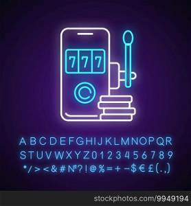 Mobile casino neon light icon. Virtual gambling. Playing chance games. Gamblers ability wagering through internet. Sign with alphabet, numbers and symbols. Vector isolated RGB color illustration. Mobile casino neon light icon