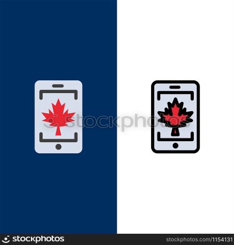 Mobile, Cell, Canada, Leaf Icons. Flat and Line Filled Icon Set Vector Blue Background