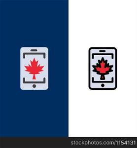 Mobile, Cell, Canada, Leaf Icons. Flat and Line Filled Icon Set Vector Blue Background