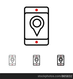 Mobile, Cell, Map, Location Bold and thin black line icon set
