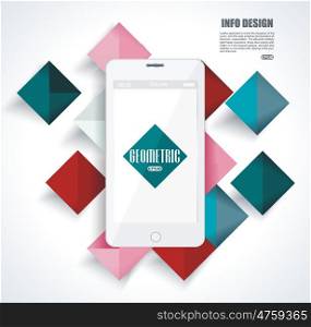 Mobile cell phone on colorful vibrant geometry shapes background. Social media concept.