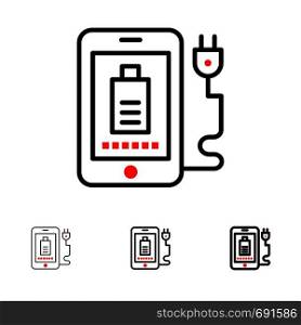 Mobile, Charge, Full, Plug Bold and thin black line icon set