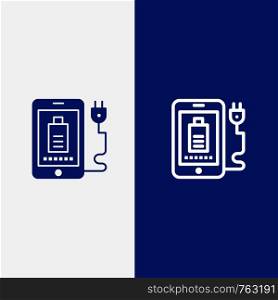 Mobile, Charge, Full, Plug Line and Glyph Solid icon Blue banner