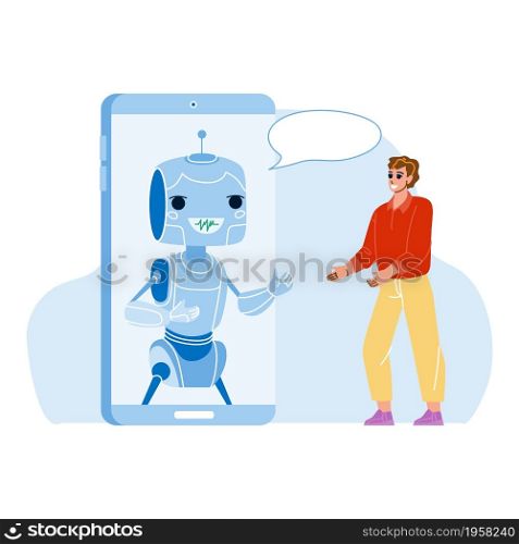 Mobile Chat Bot For Support Client Online Vector. Chat Bot For Communication And Give Information To Customer. Character Virtual Assistance On Smartphone Technology Flat Cartoon Illustration. Mobile Chat Bot For Support Client Online Vector