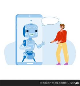 Mobile Chat Bot For Support Client Online Vector. Chat Bot For Communication And Give Information To Customer. Character Virtual Assistance On Smartphone Technology Flat Cartoon Illustration. Mobile Chat Bot For Support Client Online Vector