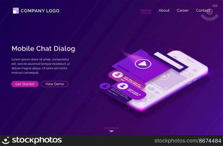 Mobile chat dialog isometric landing page, sms and audio messages ui mobile app interface layouts at smartphone screen. Media communication in messenger, speech bubbles, chatbot 3d vector web banner. Mobile chat dialog isometric landing page, banner
