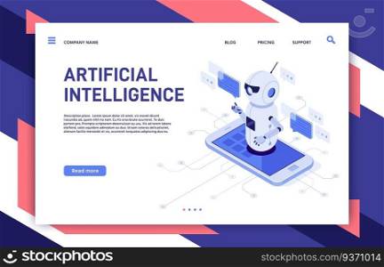 Mobile chatbot. Artificial intelligence chat assistant bot in smartphone app and educational robot. Future telephone conversation bots, human and clever robots dialog isometric vector illustration. Mobile chatbot. Artificial intelligence chat assistant bot in smartphone app and educational robot isometric vector illustration