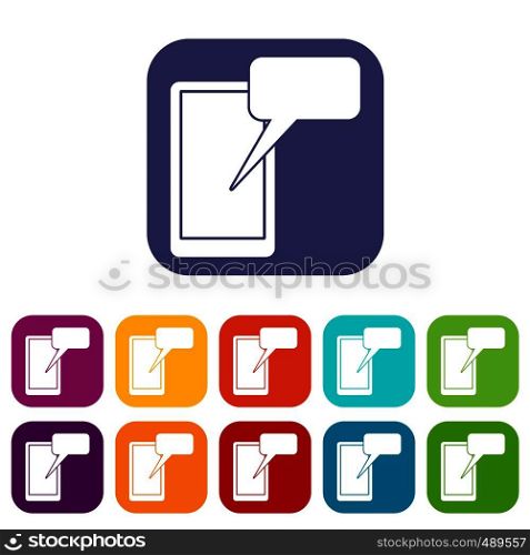 Mobile chatting icons set vector illustration in flat style in colors red, blue, green, and other. Mobile chatting icons set
