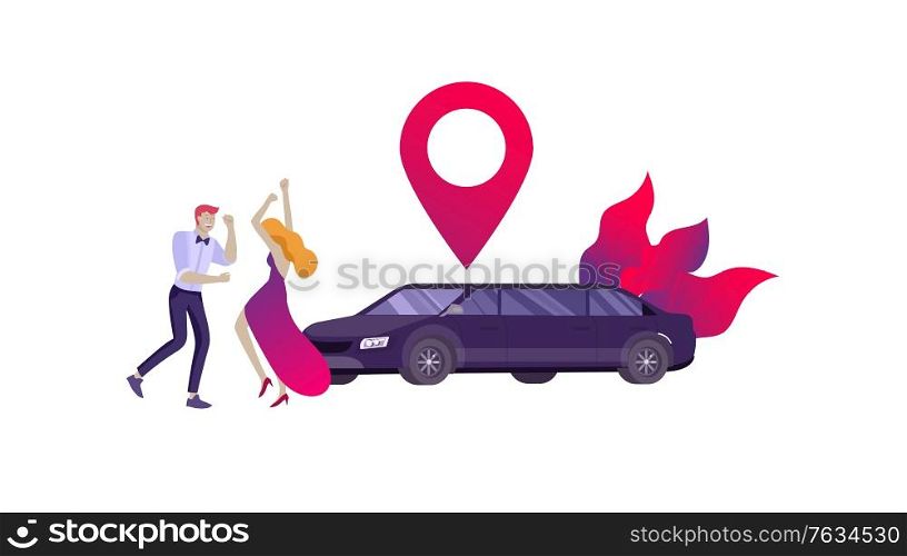 Mobile city transportation, online limousine sharing with woman in elegant evening dress and man beside luxury limousine and smartphone. Vector flat style illustration. Mobile city transportation, online limousine sharing with woman in elegant evening dress and man beside luxury limousine and smartphone. Vector flat style