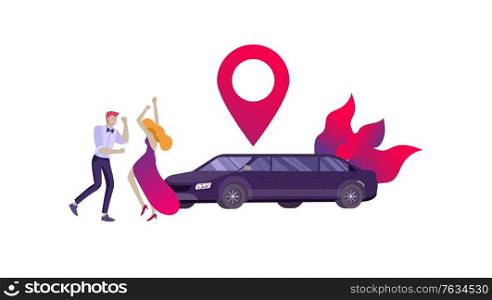 Mobile city transportation, online limousine sharing with woman in elegant evening dress and man beside luxury limousine and smartphone. Vector flat style illustration. Mobile city transportation, online limousine sharing with woman in elegant evening dress and man beside luxury limousine and smartphone. Vector flat style