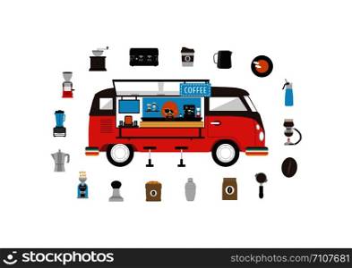 mobile coffee van with set of coffee icon on white