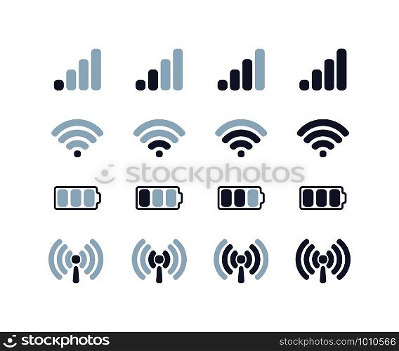 mobile communications, internet and battery icons set, flat. mobile communications, internet and battery icons set