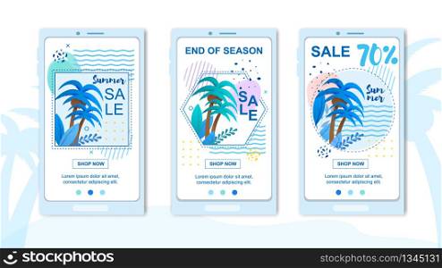 Mobile Covers Set Advertising Grand Summer Sales. Flat Landing Page for Online Application Offers Discount up to 70 Percent, End of Season Sell-out. Vector Illustration with Tropical Palms, Ad Text. Mobile Covers Set Advertising Grand Summer Sales
