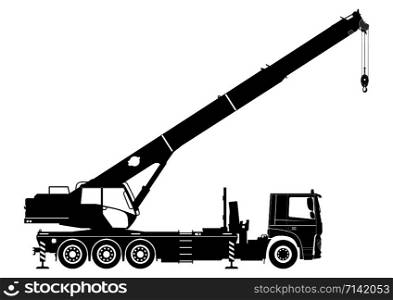 Mobile crane. Silhouette of a crane on a white background. Side view. Flat vector.