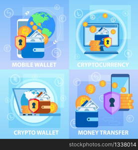 Mobile Crypto Wallet. Cryptocurrency Money Transfer Banner Set. Bitcoin Ethereum Dollar Exchange. Crypto Currency Technology. Phone Application Internet Payment. Online Shopping. Wireless Transaction. Mobile Crypto Wallet Cryptocurrency Money Transfer