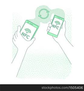 Mobile data transfer thin line concept vector illustration. People holding smartphones 2D cartoon character for web design. Information exchange, mobile app, nfc technology creative idea