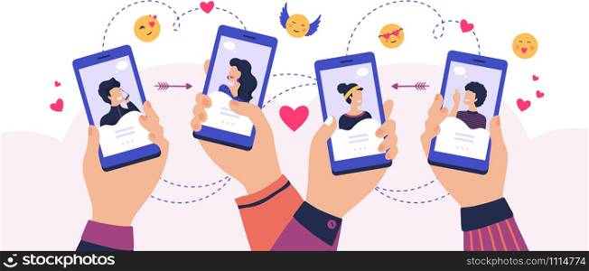 Mobile dating app. Cartoon hands holding smartphone with man and woman profiles, service for finding couple. Vector concept romance app dating adult women and men. Mobile dating app. Cartoon hands holding smartphone with man and woman profiles, service for finding couple. Vector romance app