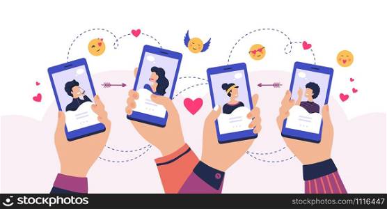 Mobile dating app. Cartoon hands holding smartphone with man and woman profiles, service for finding couple. Vector concept romance app dating adult women and men. Mobile dating app. Cartoon hands holding smartphone with man and woman profiles, service for finding couple. Vector romance app