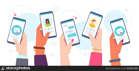 Mobile dating app. Hands holding phones with online dates application, chats, match profiles and mails. Virtual relationship vector concept. People looking for couple, sending love messages. Mobile dating app. Hands holding phones with online dates application, chats, match profiles and mails. Virtual relationship vector concept