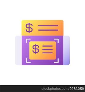 Mobile deposits vector flat color icon. Mobile banking service. Online check. Getting loan. Money digital transaction. Cartoon style clip art for mobile app. Isolated RGB illustration. Mobile deposits vector flat color icon