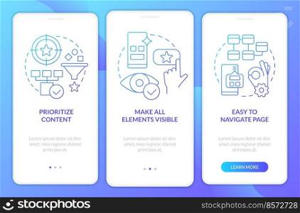 Mobile design recommendations blue gradient onboarding mobile app screen. Walkthrough 3 steps graphic instructions with linear concepts. UI, UX, GUI template. Myriad Pro-Bold, Regular fonts used. Mobile design recommendations blue gradient onboarding mobile app screen