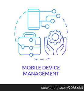 Mobile device management blue gradient concept icon. Computer services for business abstract idea thin line illustration. Isolated outline drawing. Roboto-Medium, Myriad Pro-Bold fonts used. Mobile device management blue gradient concept icon