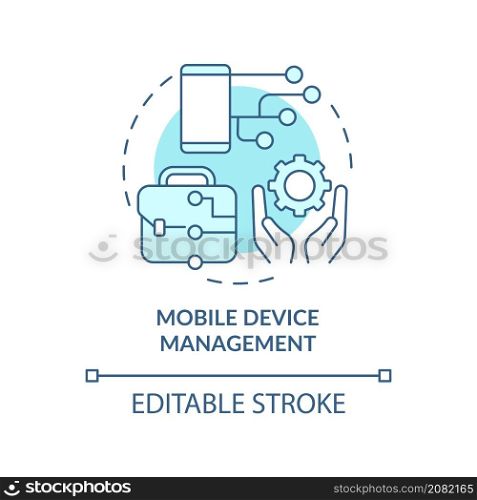 Mobile device management turquoise concept icon. Corporate computer services abstract idea thin line illustration. Isolated outline drawing. Editable stroke. Roboto-Medium, Myriad Pro-Bold fonts used. Mobile device management turquoise concept icon