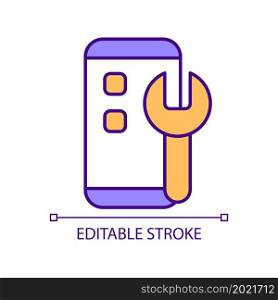 Mobile device repair and setup RGB color icon. Phone maintenance. Apps installing. Online data protection. Isolated vector illustration. Simple filled line drawing. Editable stroke. Mobile device repair and setup RGB color icon