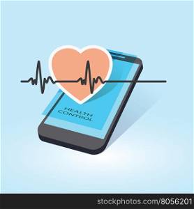 mobile device with heart beat symbol as online health control vector illustration