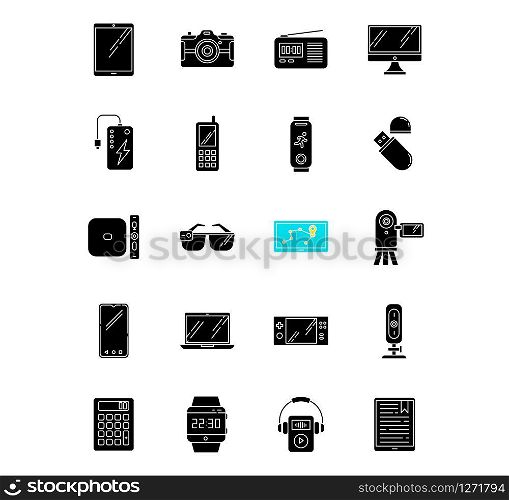 Mobile devices black glyph icons set on white space. Handheld small electronic gadgets. Technology. Smartphone, laptop, computer. E-readers. Cameras. Silhouette symbols. Vector isolated illustration