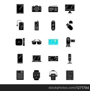 Mobile devices black glyph icons set on white space. Handheld small electronic gadgets. Technology. Smartphone, laptop, computer. E-readers. Cameras. Silhouette symbols. Vector isolated illustration