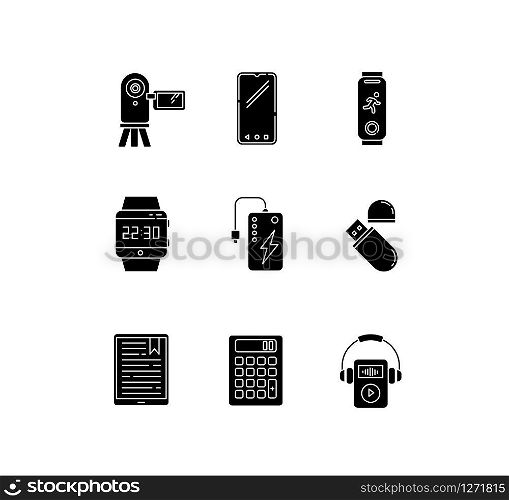 Mobile devices black glyph icons set on white space. Pocket electronic gadgets. Powerbank, smartphone, video camera. Flash drive, calculator. Silhouette symbols. Vector isolated illustration