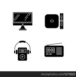 Mobile devices black glyph icons set on white space. Pocket electronic gadgets. Desktop computer, MP3 music player. Radio set, media player. Silhouette symbols. Vector isolated illustration