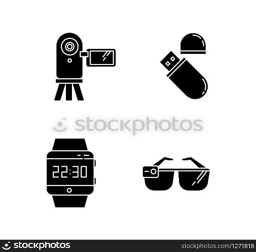Mobile devices black glyph icons set on white space. Pocket electronic gadgets. Smart technology. Flash drive, video camera. Smartwatch, smartglasses. Silhouette symbols. Vector isolated illustration